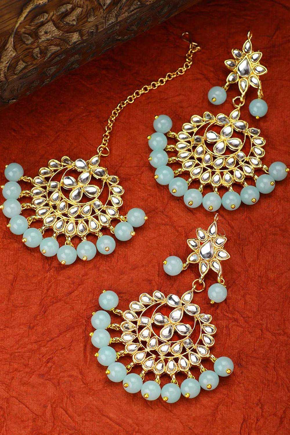 Turquoise Blue  Gold Plated Alloy Kundan Pearl Earrings And Maang Tikka