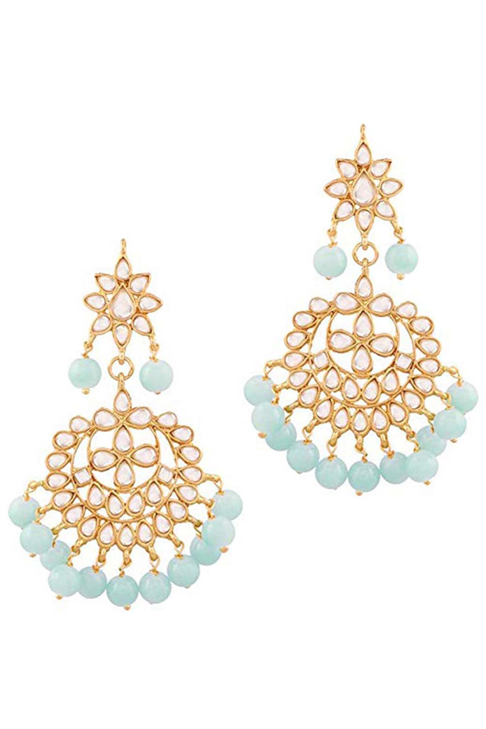 Turquoise Blue  Gold Plated Alloy Kundan Pearl Earrings And Maang Tikka