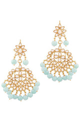 Turquoise Blue  Gold Plated Alloy Kundan Pearl Earrings And Maang Tikka