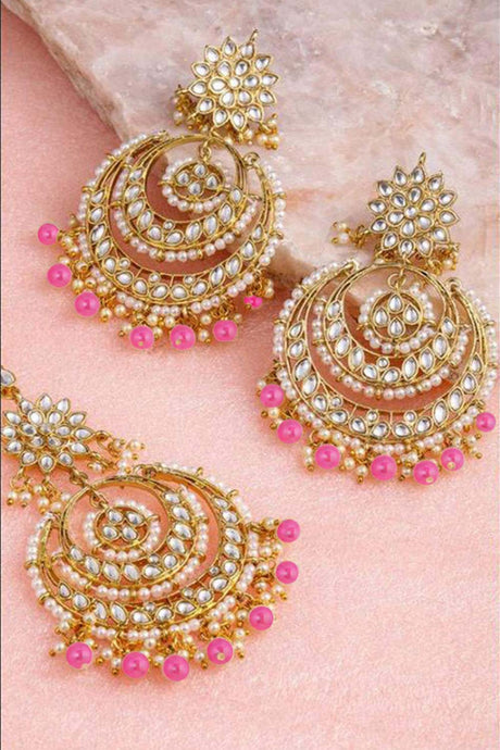 Buy Women's Alloy Maang Tikka With Earring in Pink - Front