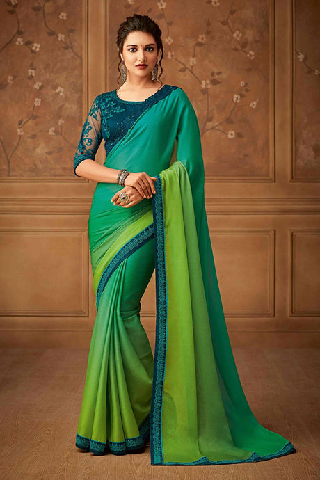 Buy Green Silk Chiffon Embroidered Saree Online