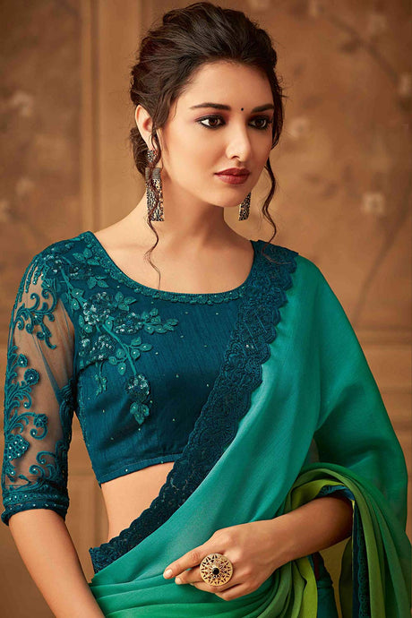 Buy Green Silk Chiffon Embroidered Saree Online - Back