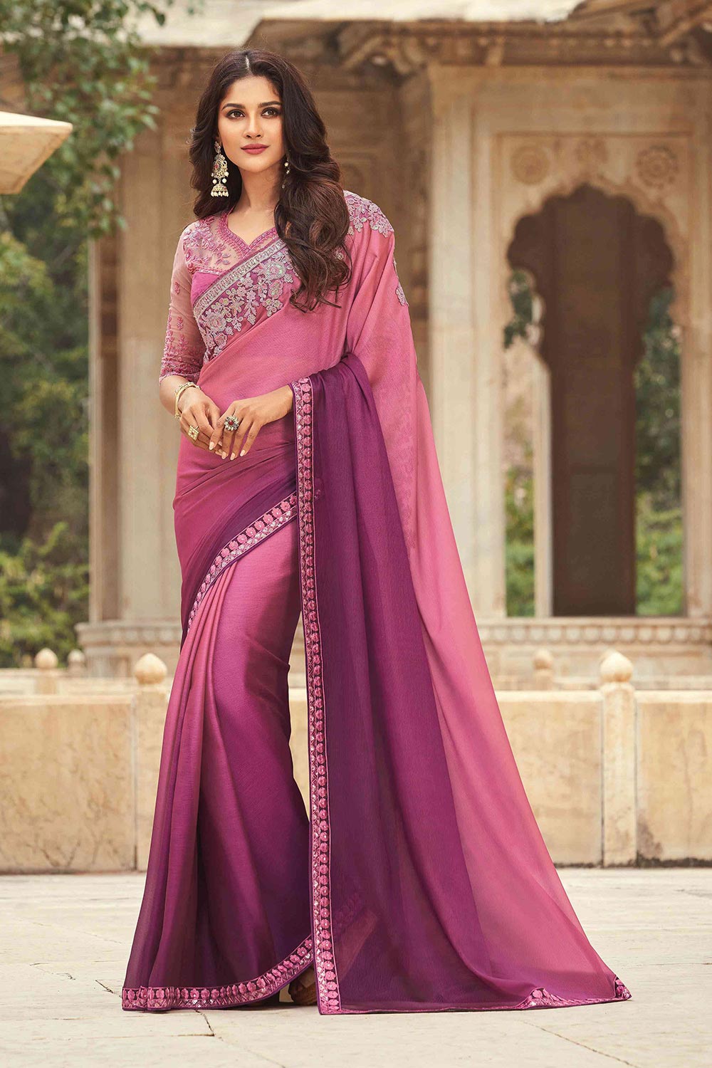 Buy Pink And Purple Silk Embroidered Saree Online