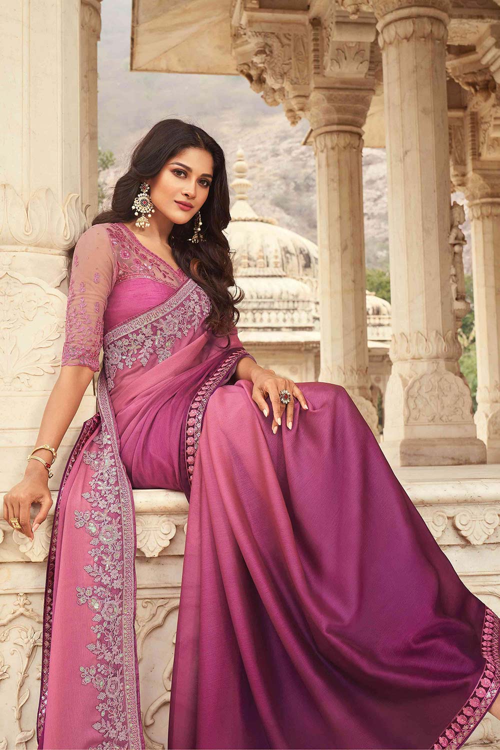 Buy Pink And Purple Silk Embroidered Saree Online - Back