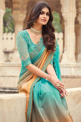 Buy Aqua Blue Silk Embroidered Saree Online - Back