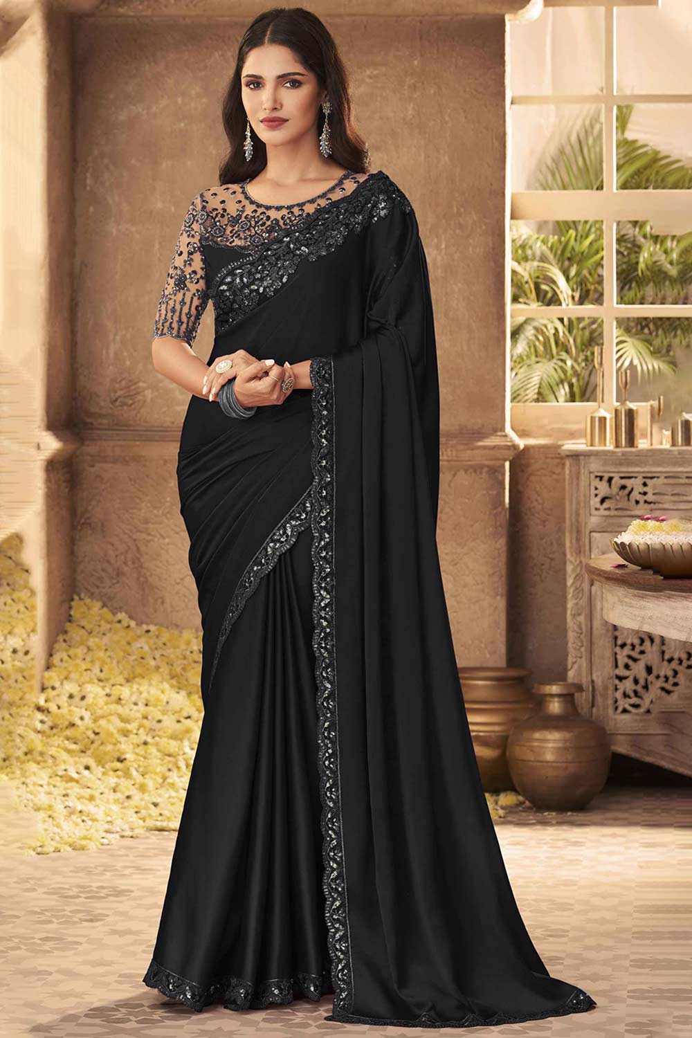 Buy Black Silk Embroidered Saree Online
