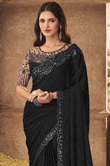 Buy Black Silk Embroidered Saree Online - Back