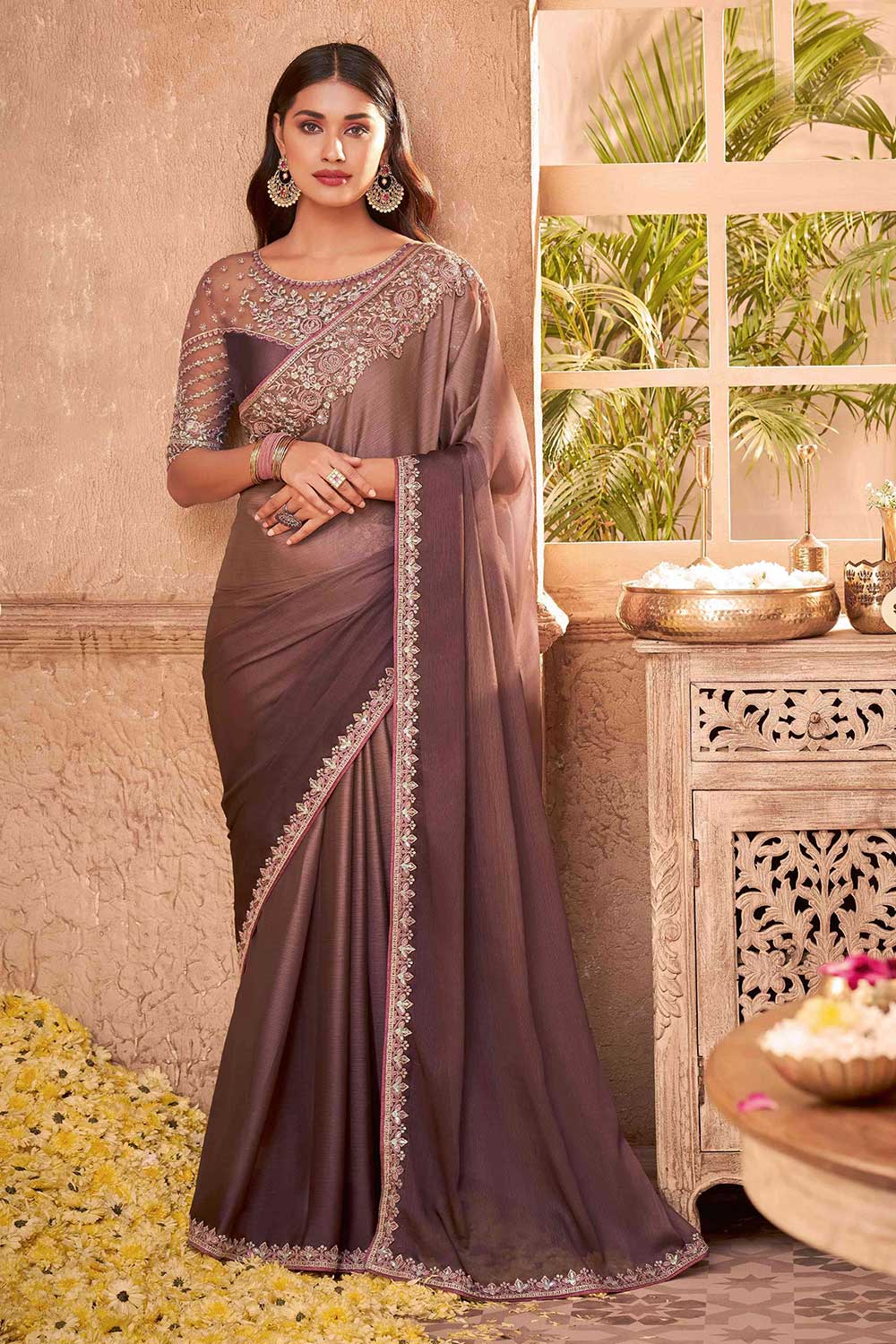 Buy Brown Silk Embroidered Saree Online