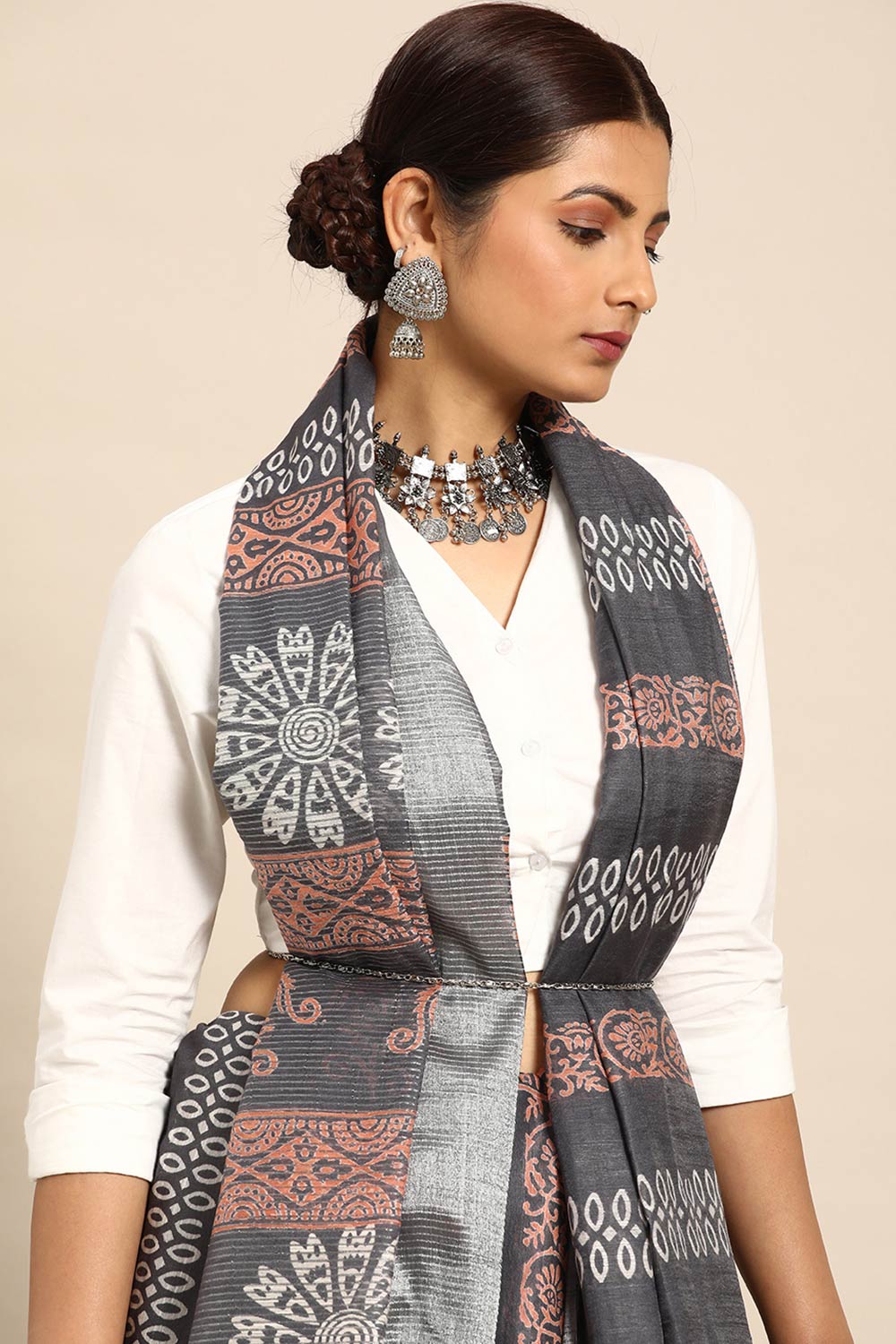 Grey Art Silk Block Saree