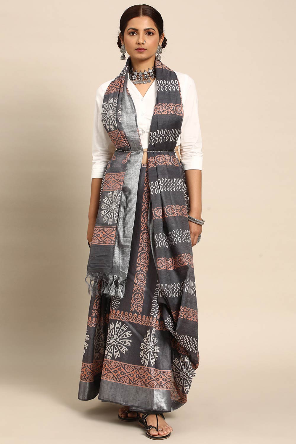 Grey Art Silk Block Saree