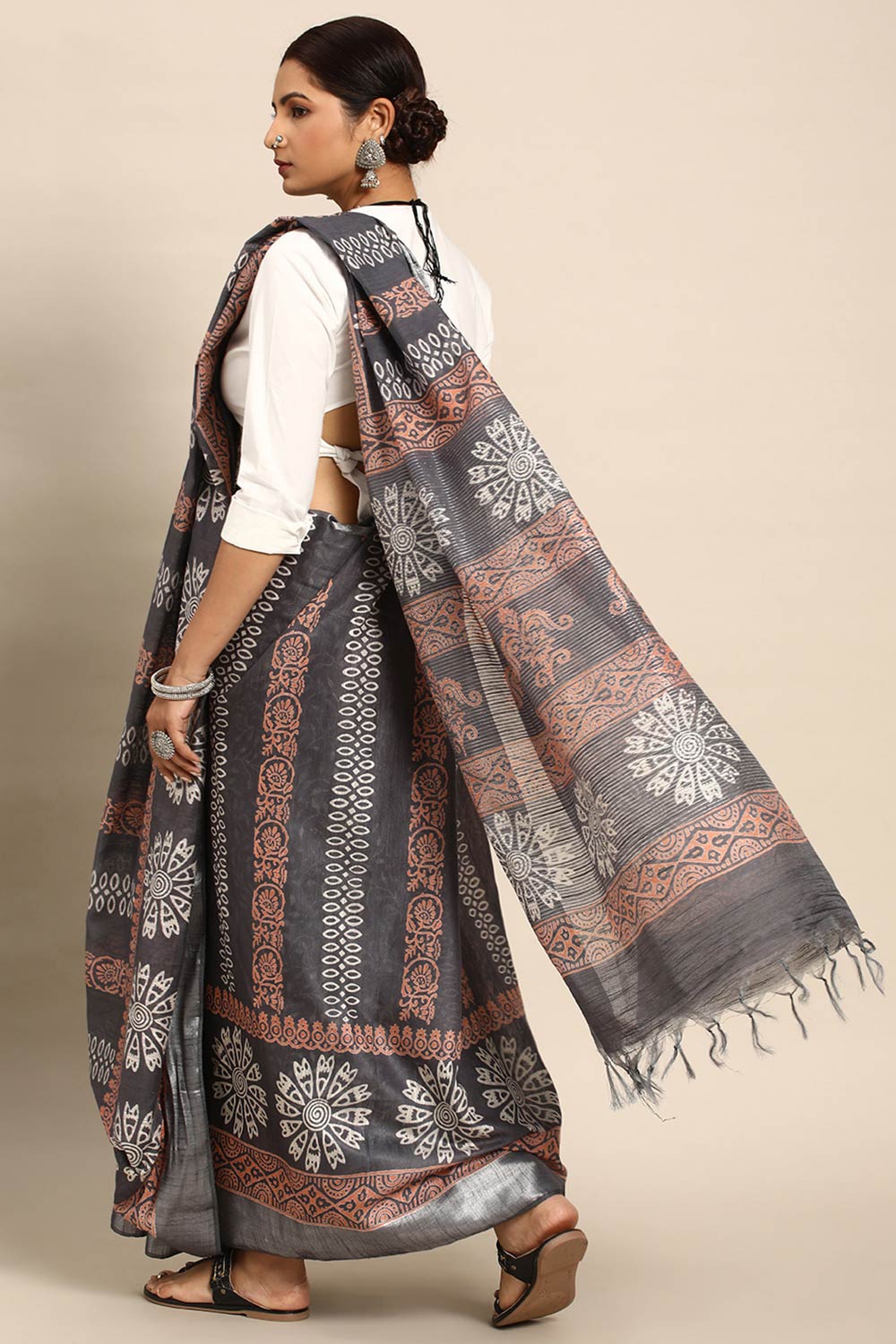 Grey Art Silk Block Saree