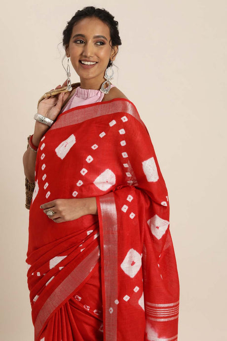 Cotton Blend Bandhani Saree In Red