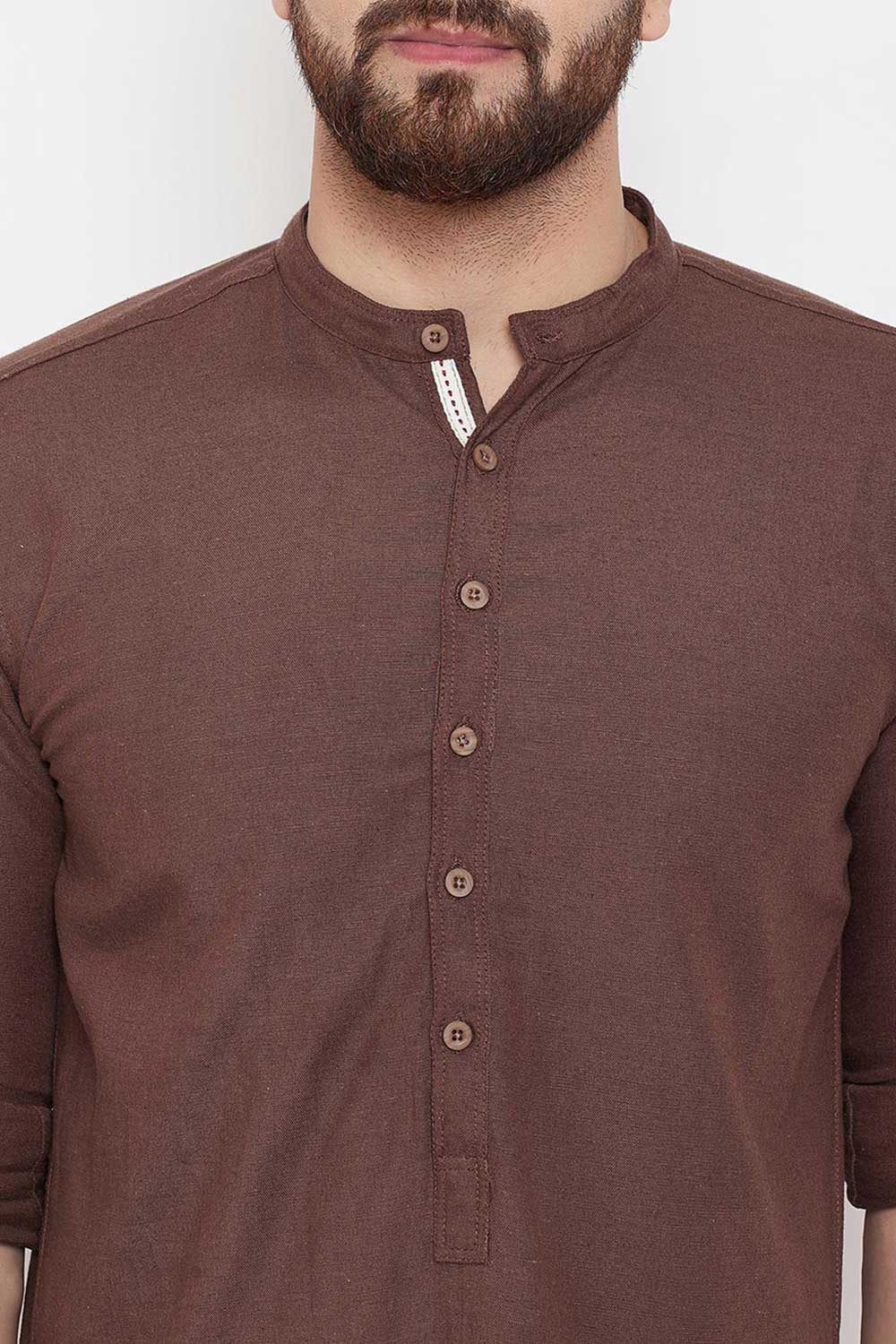 Buy Blended Cotton Solid Kurta in Dark Brown Online - Zoom Out