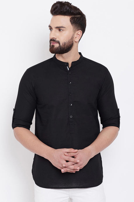 Buy Men's Linen Solid Short Kurta in Black