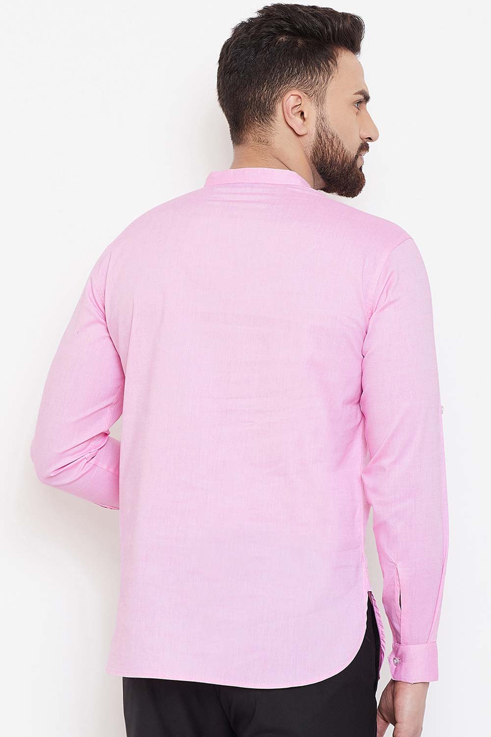 Buy Men's Cotton Solid Short Kurta in Light Pink