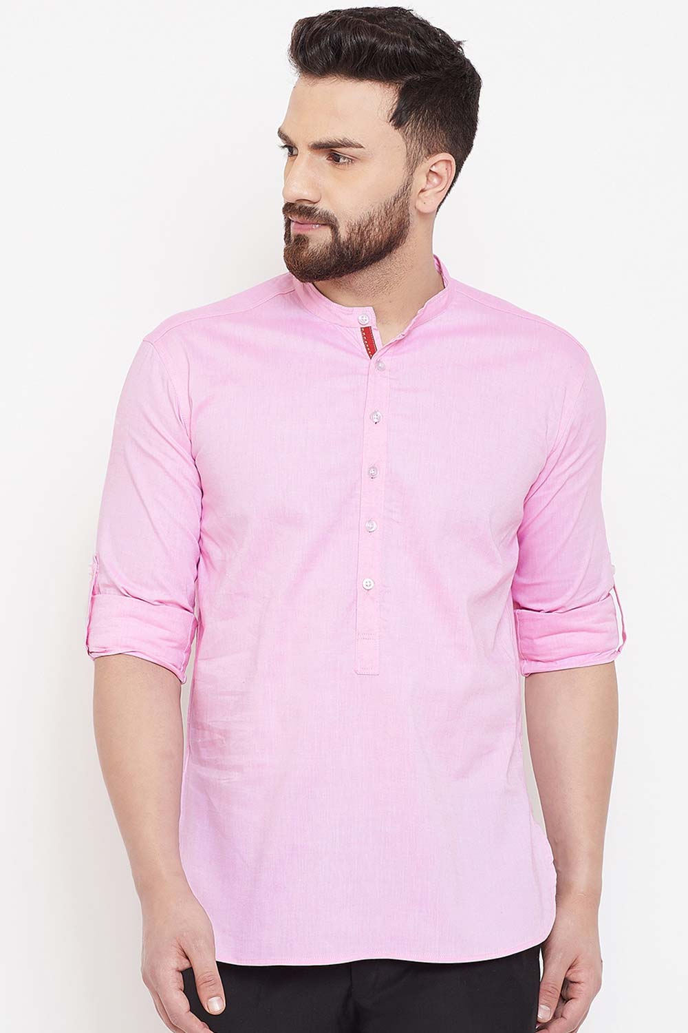 Buy Men's Cotton Solid Short Kurta in Light Pink