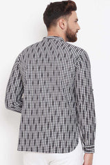 Buy Men's Blended Cotton Checks Print Short Kurta in Black