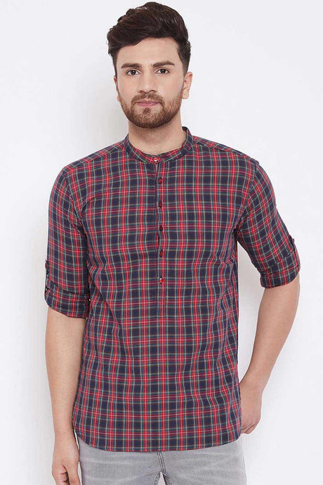 Buy Men's Blended Cotton Checks Print Short Kurta in Red