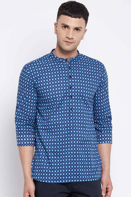 Buy Men's Pure Cotton Abstract Printed Short Kurta in Navy Blue
