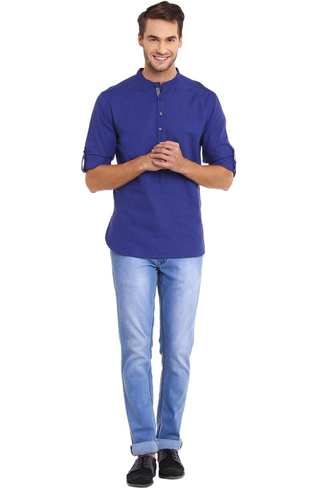 Buy Blended Cotton Solid Kurta in Royal Blue Online - Back