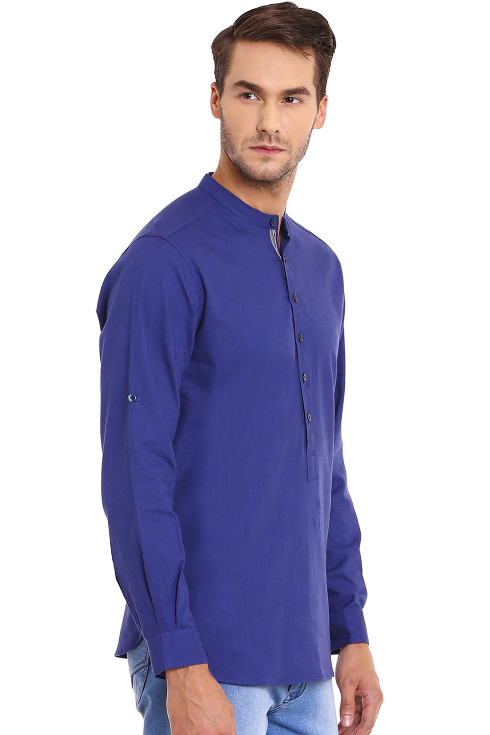 Buy Blended Cotton Solid Kurta in Royal Blue Online - Side