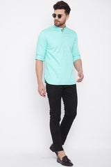 Shop Men's Solid Short Kurta in Turquoise