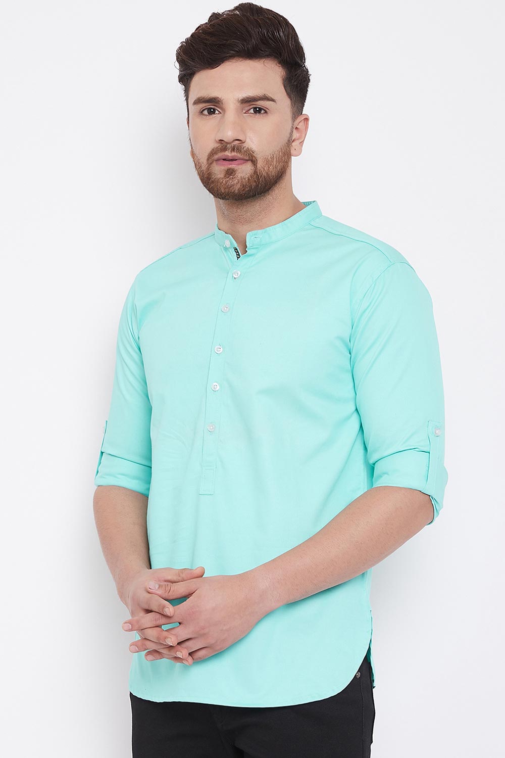 Buy Men's Blended Cotton Short Kurta in Turquoise