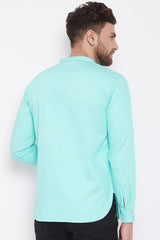 Buy Men's Blended Cotton Solid Short Kurta in Turquoise