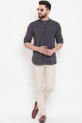 Shop Men's Stripes Short Kurta in Black