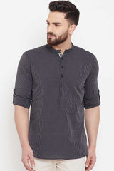 Buy Men's Cotton Stripes Short Kurta in Black