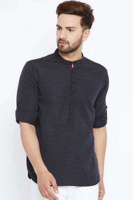 Buy Men's Blended Cotton Printed Short Kurta in Black