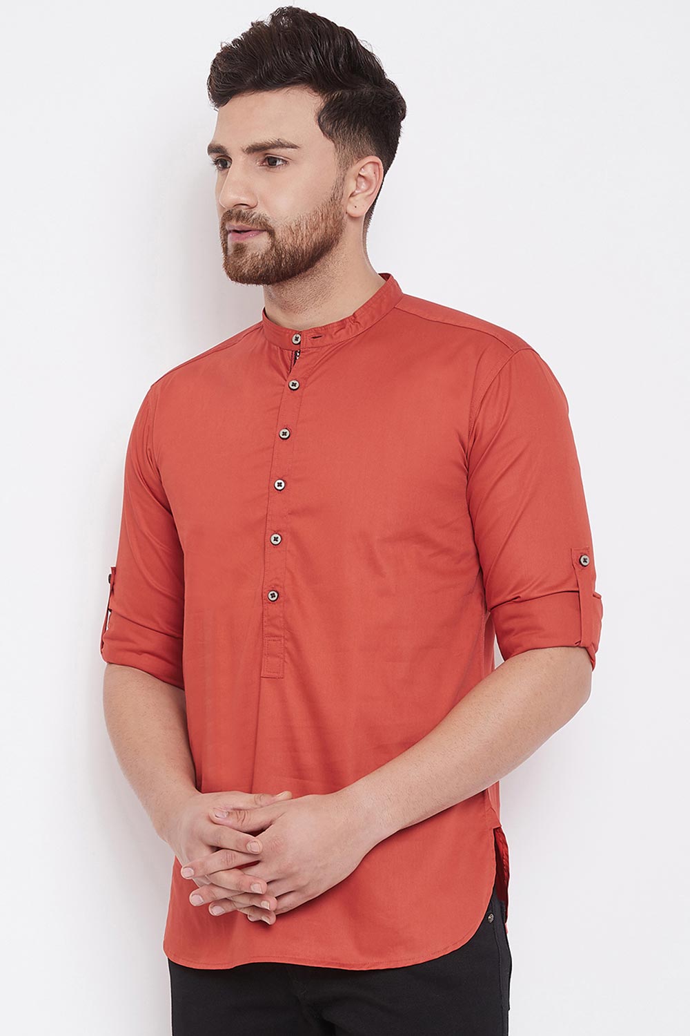 Buy Blended Cotton Solid Kurta in Orange Online - Front