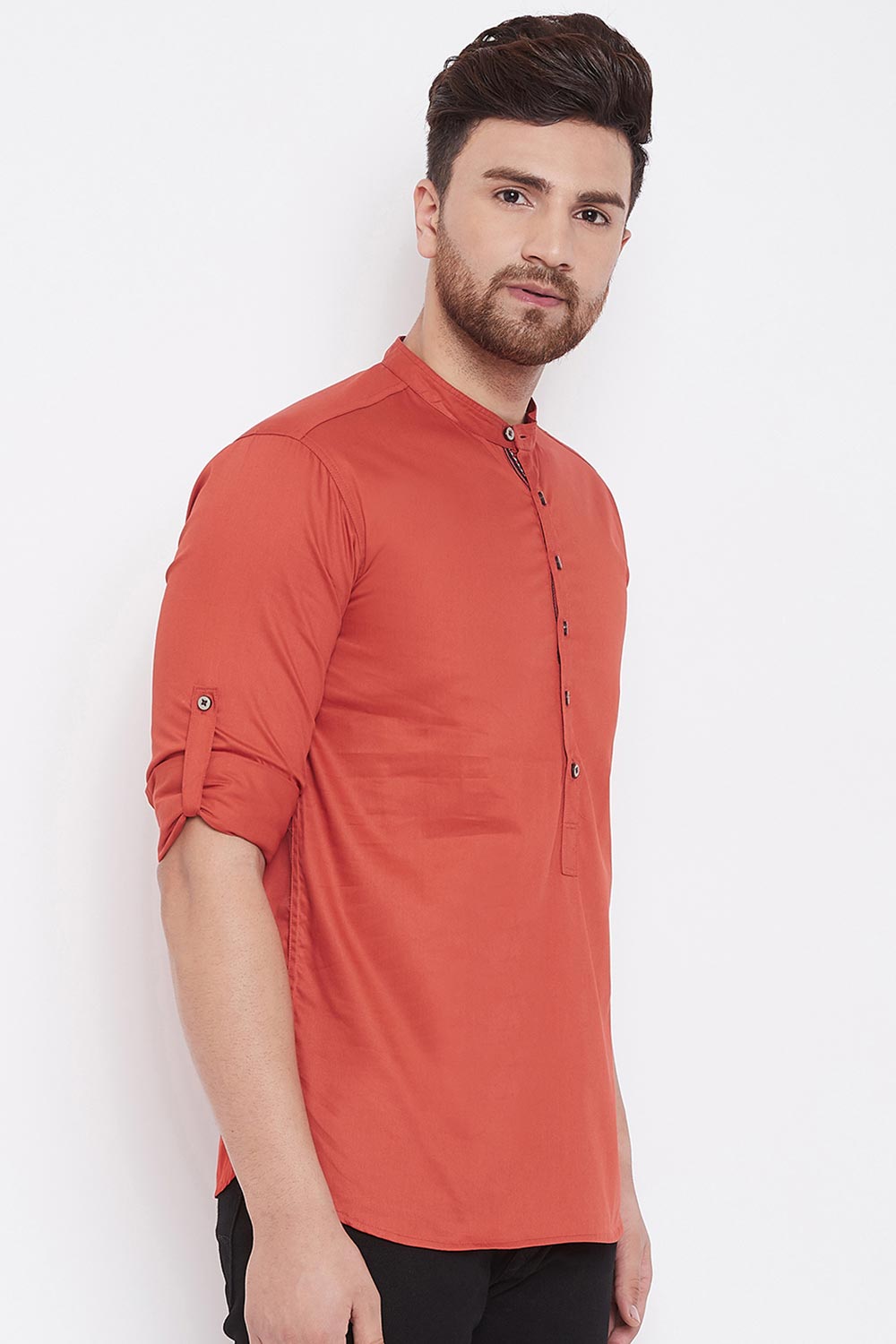 Buy Blended Cotton Solid Kurta in Orange Online - Side