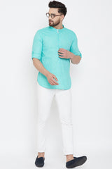 Buy Blended Cotton Solid Kurta in Sky Blue Online - Back