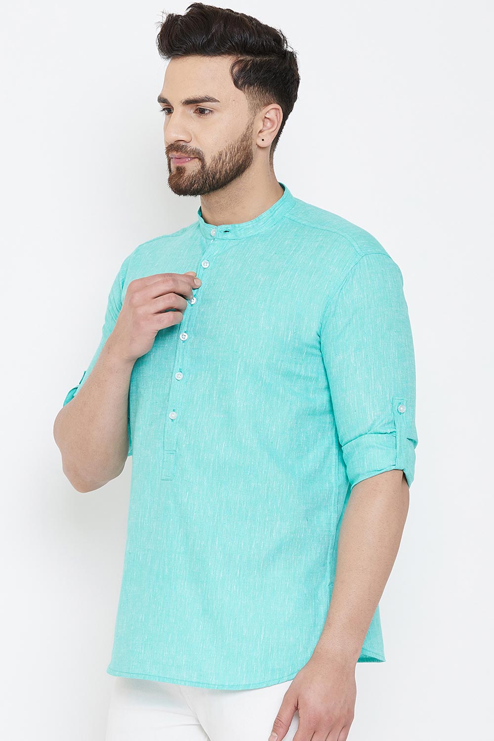 Buy Blended Cotton Solid Kurta in Sky Blue Online - Front