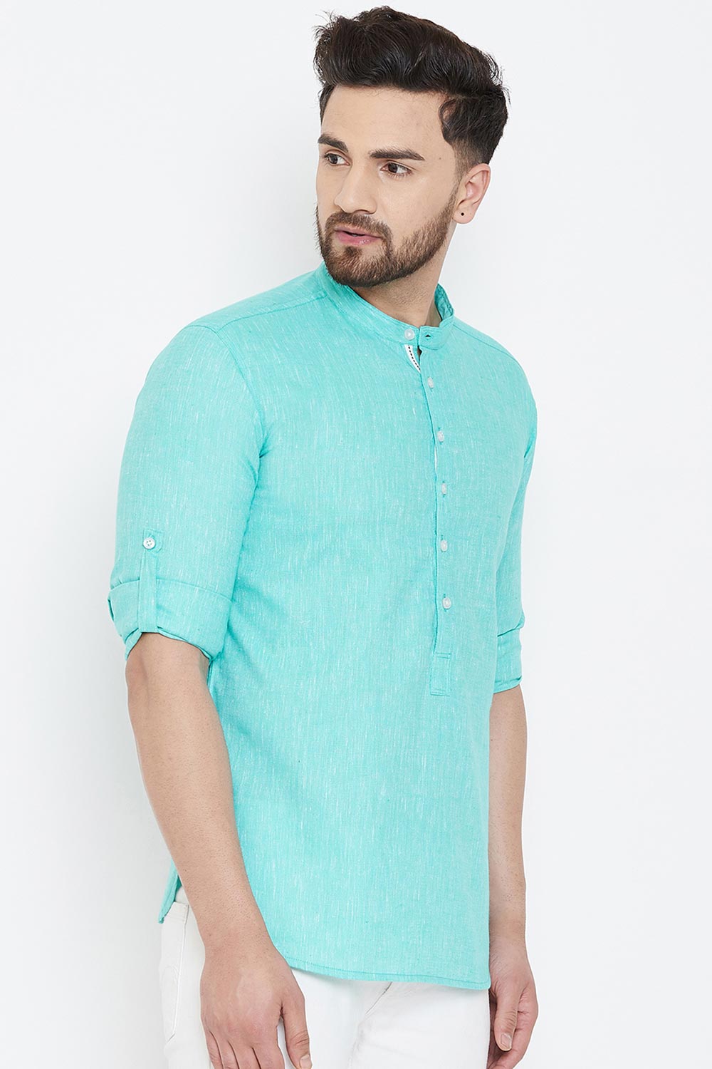 Buy Blended Cotton Solid Kurta in Sky Blue Online - Side