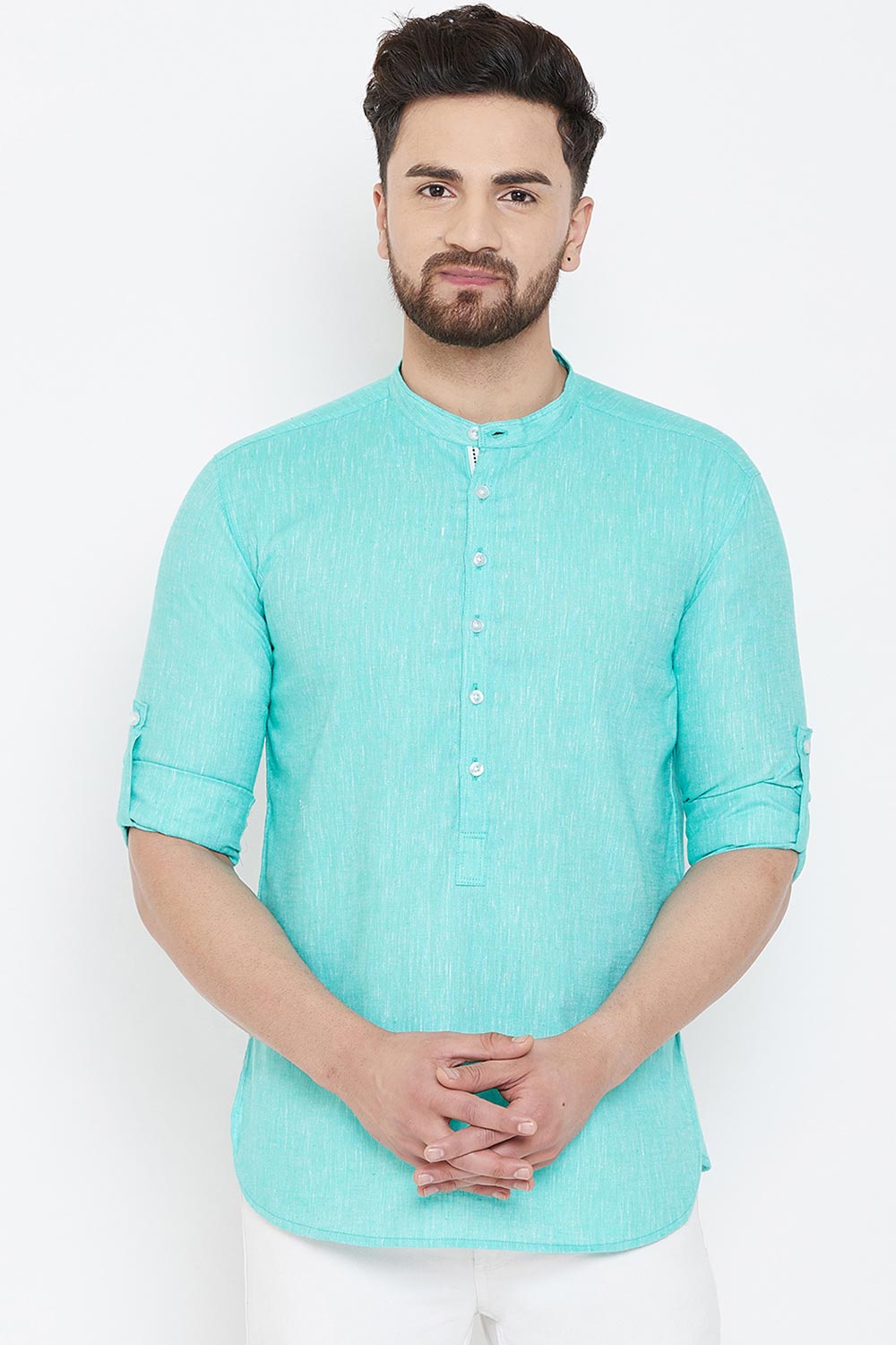 Buy Blended Cotton Solid Kurta in Sky Blue Online