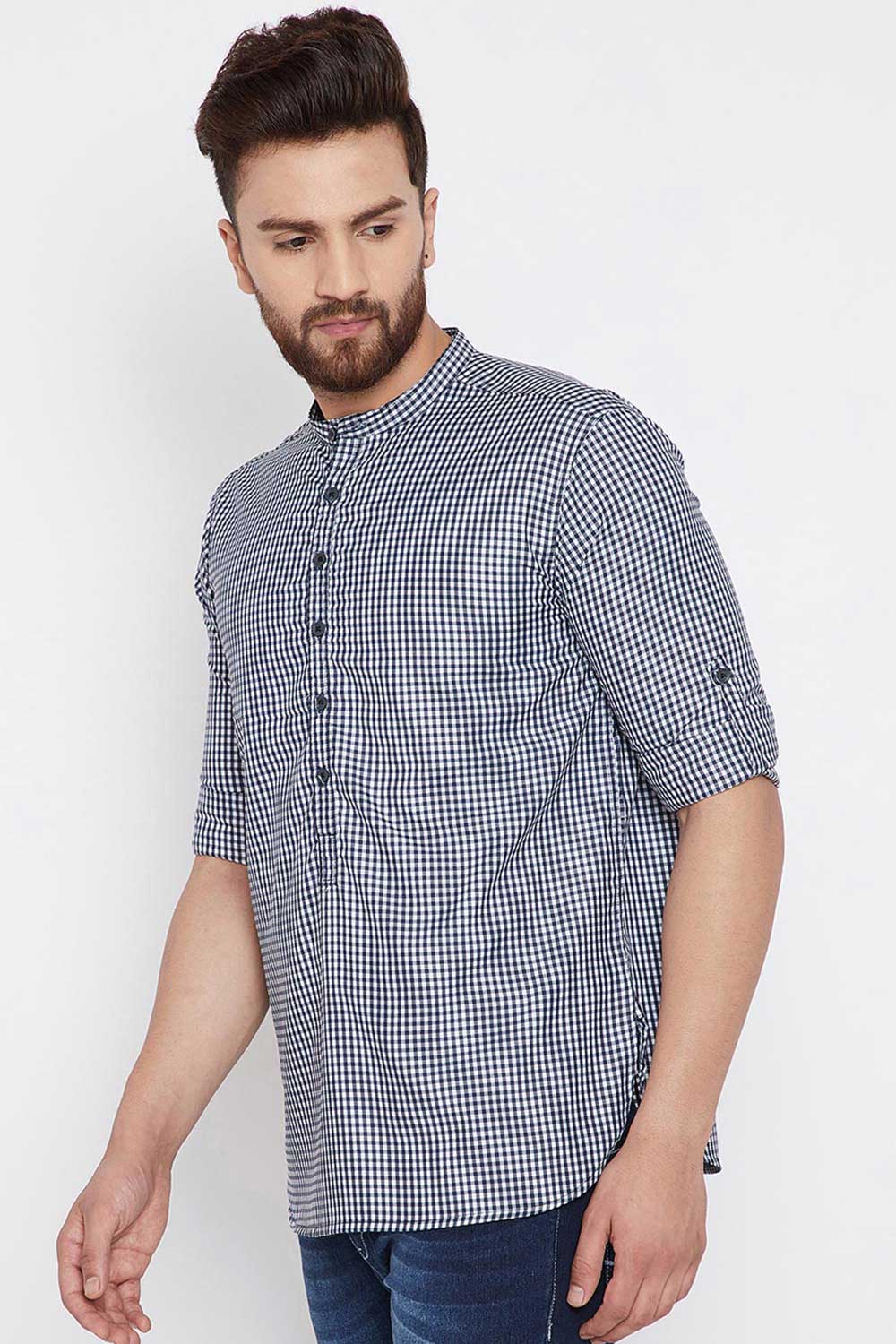 Buy Blended Cotton Checkered Printed Kurta in White Online - Front