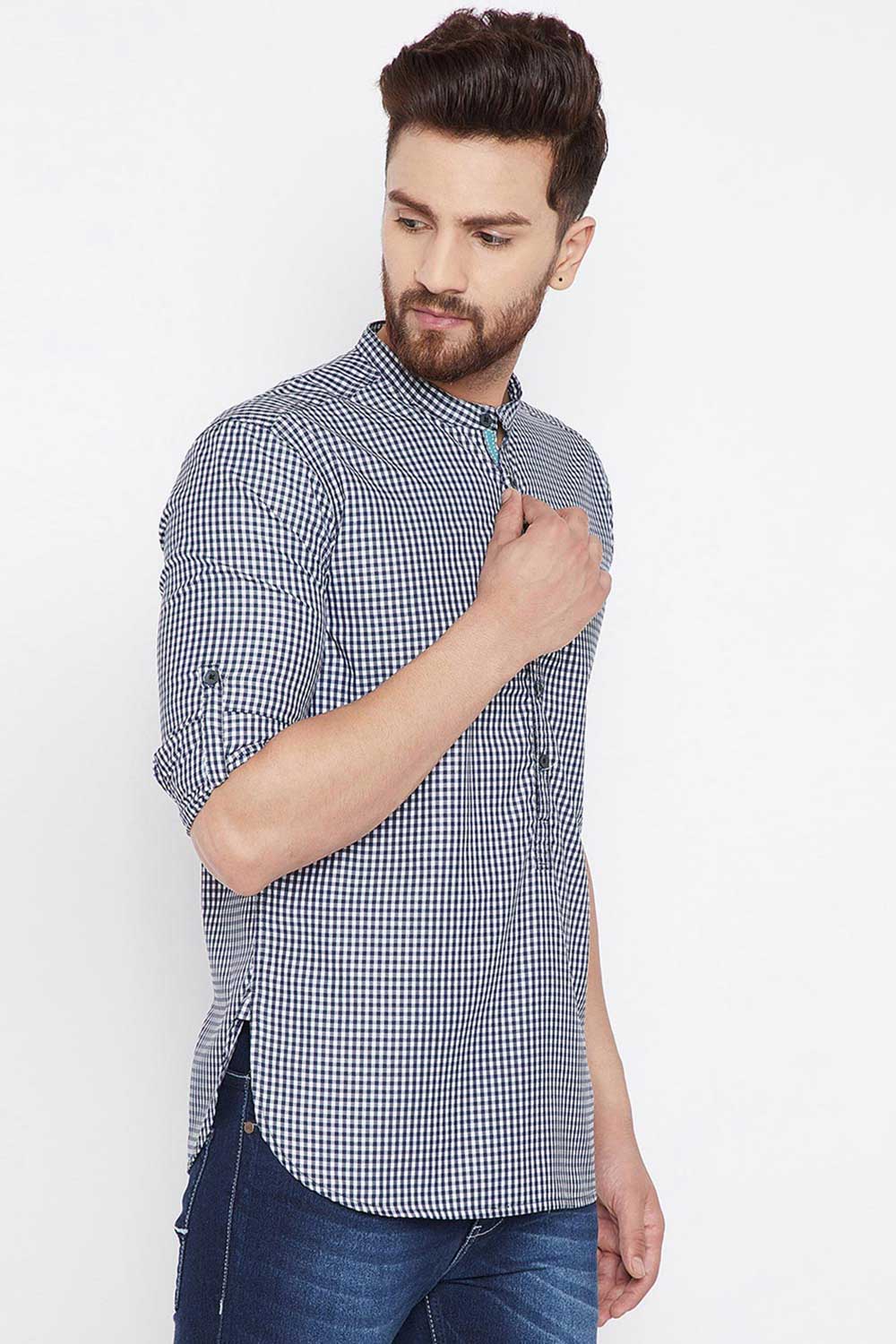 Buy Blended Cotton Checkered Printed Kurta in White Online - Side