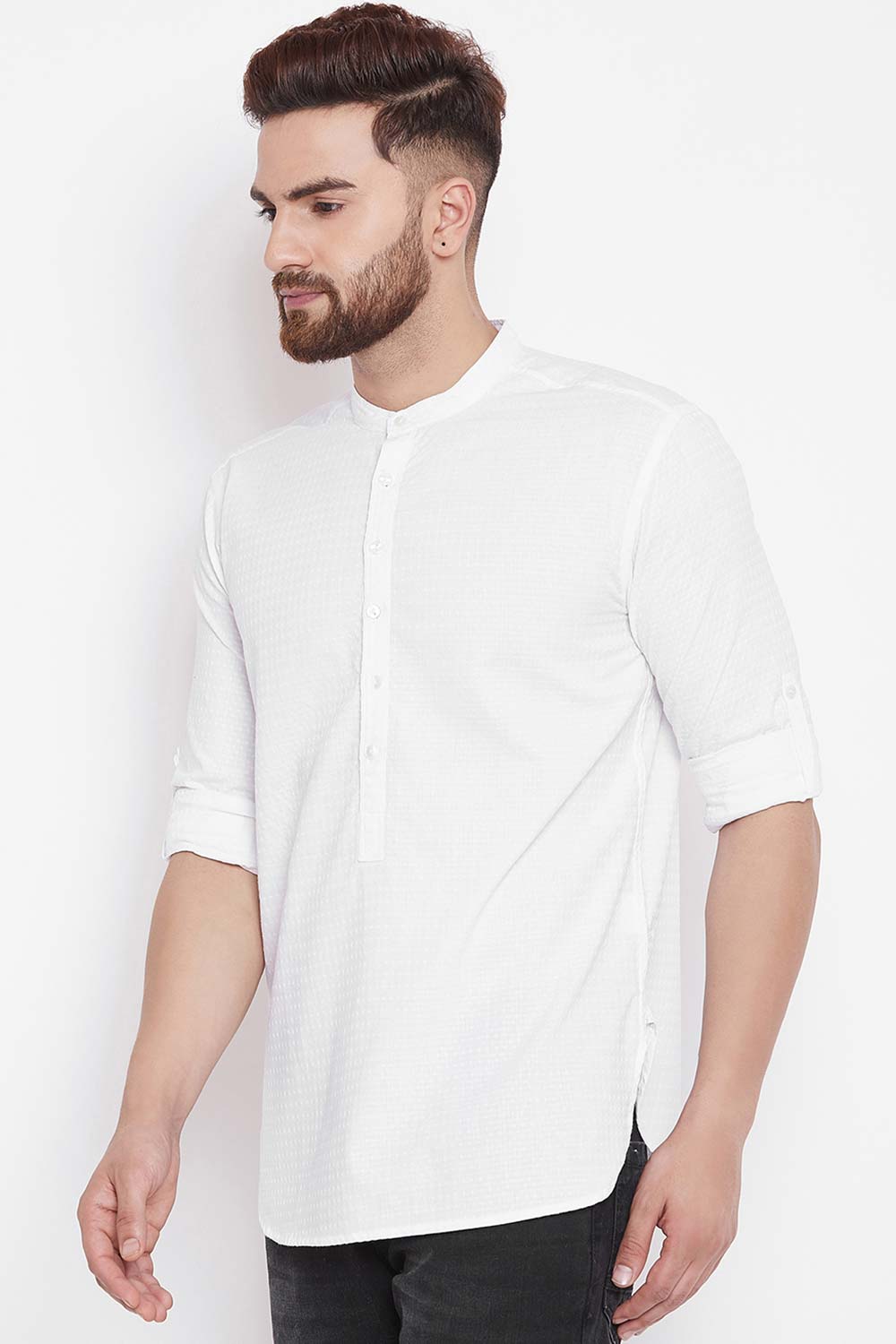 Buy Blended Cotton Solid Kurta in White Online - Front