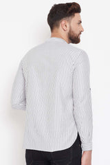 Buy Blended Cotton Striped Kurta in White Online - Zoom In