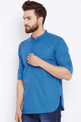 Buy Blended Cotton Checkered Printed Kurta in Blue Online - Front