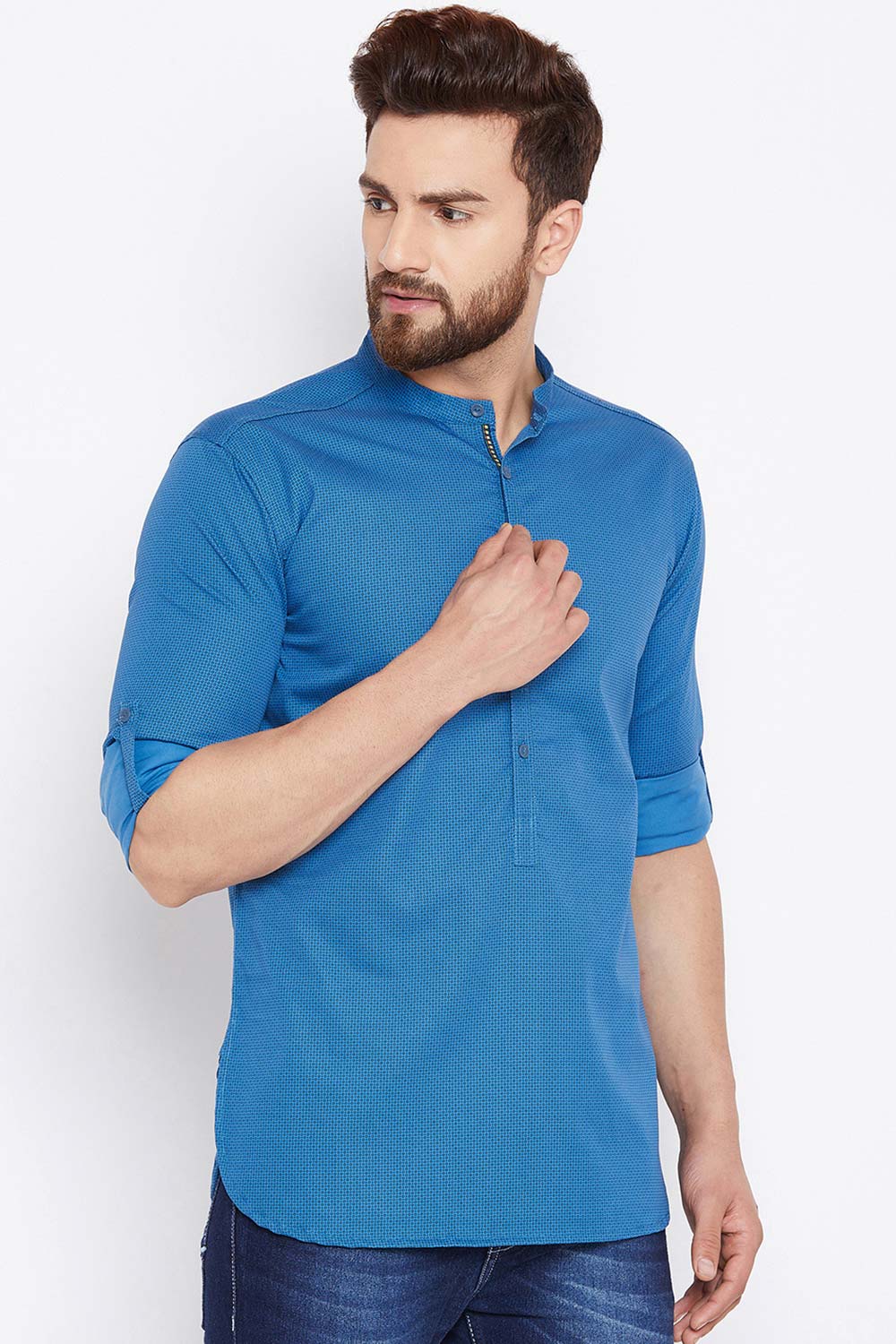 Buy Blended Cotton Checkered Printed Kurta in Blue Online - Side