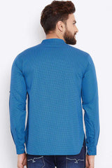 Buy Blended Cotton Checkered Printed Kurta in Blue Online - Zoom In