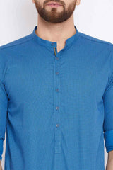 Buy Blended Cotton Checkered Printed Kurta in Blue Online - Zoom Out