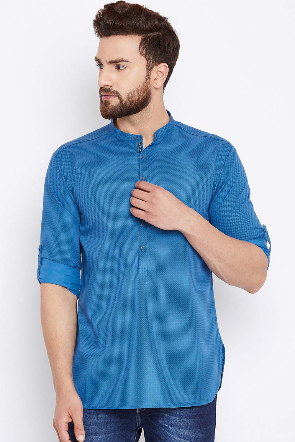 Buy Blended Cotton Checkered Printed Kurta in Blue Online