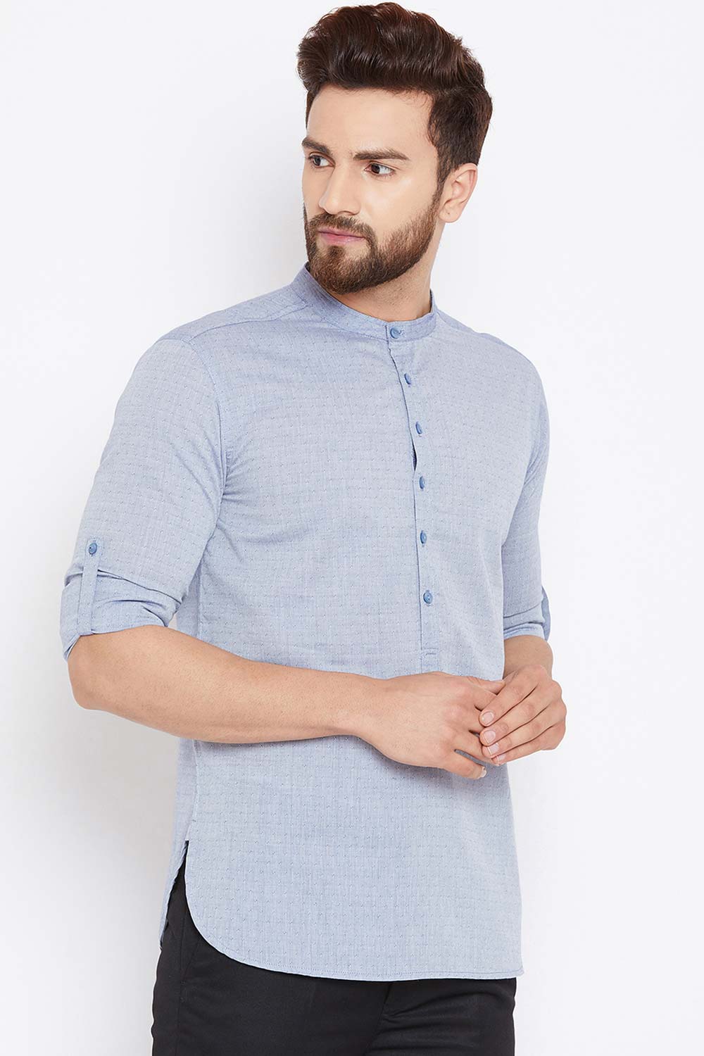 Buy Blended Cotton Solid Kurta in Grey Online - Side