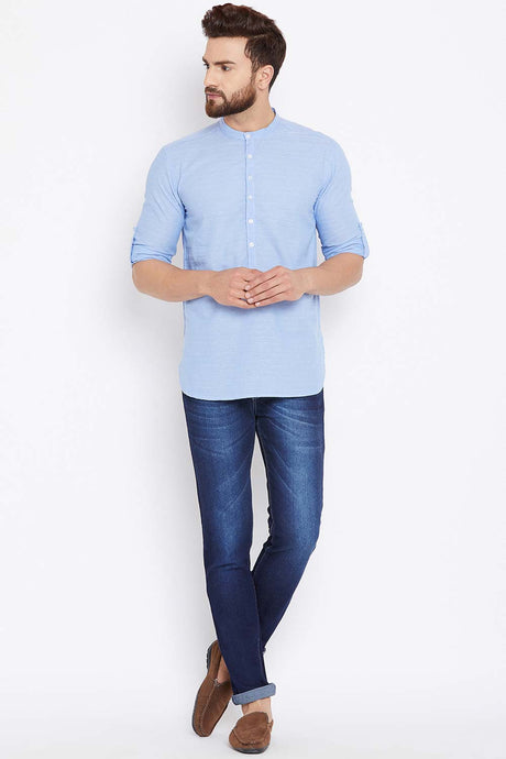 Buy Blended Cotton Solid Kurta in Sky Blue Online - Back