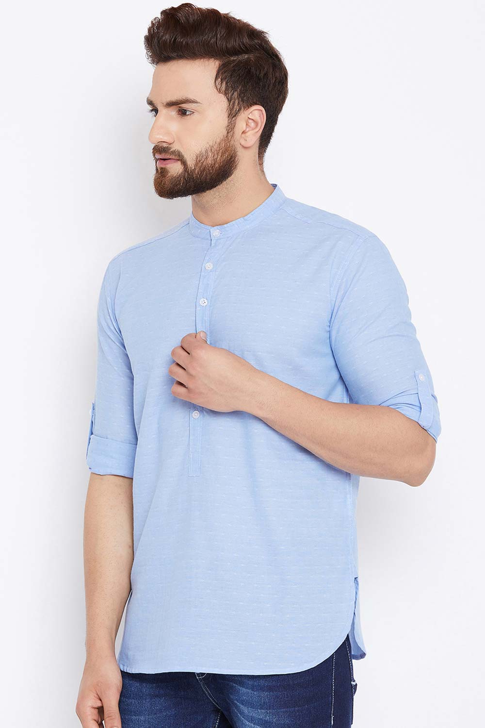 Buy Blended Cotton Solid Kurta in Sky Blue Online - Front