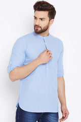 Buy Blended Cotton Solid Kurta in Sky Blue Online - Side